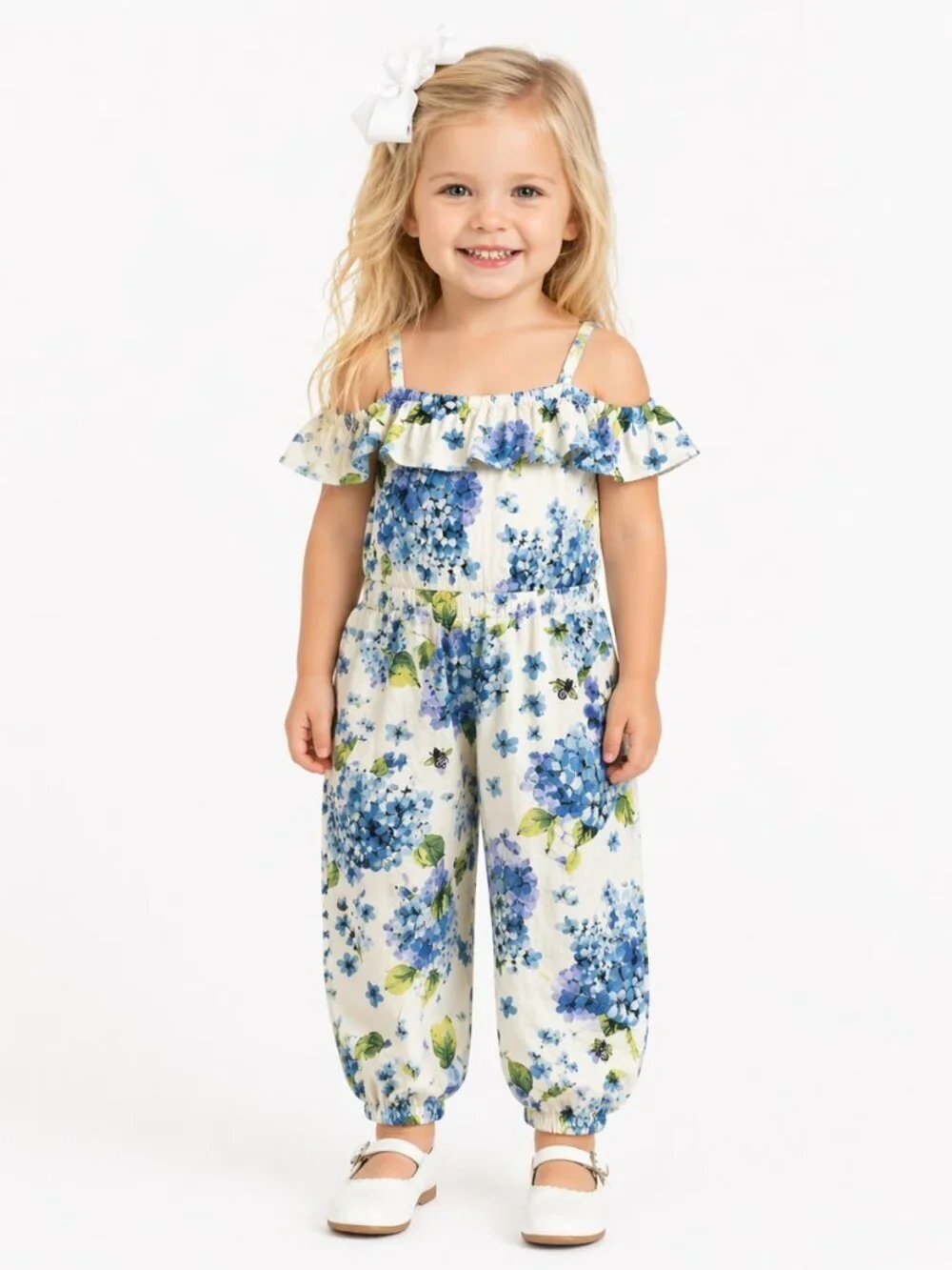 Gymboree Size 3T Floral Lined Jumpsuit Blue White Off Shoulder Ruffles Bees